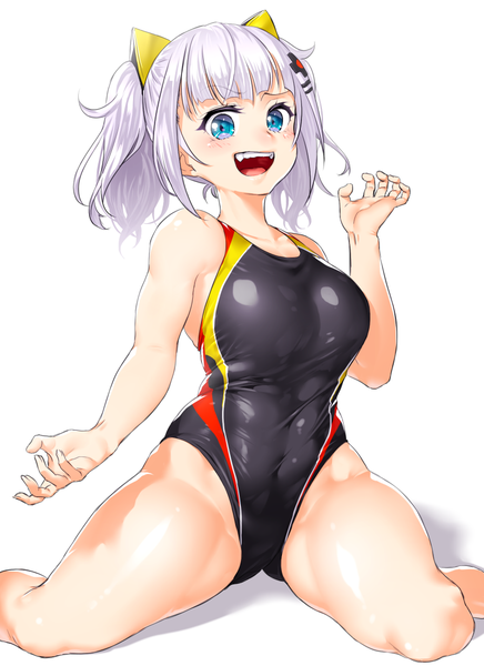 Anime picture 800x1100 with virtual youtuber the moon studio kaguya luna onsoku inu single long hair tall image looking at viewer blush fringe short hair breasts open mouth blue eyes light erotic simple background smile large breasts white background sitting