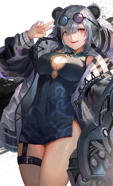 Anime picture 1000x1637 with arknights feater (arknights) sl86 single long hair tall image fringe breasts light erotic hair between eyes red eyes large breasts twintails animal ears silver hair traditional clothes open jacket victory chinese clothes cleavage cutout