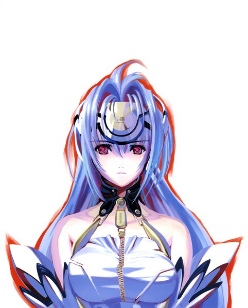 Anime picture 2431x3023 with xenosaga monolith software kos-mos choco (chocolate shop) single long hair tall image looking at viewer fringe highres breasts simple background hair between eyes red eyes large breasts white background bare shoulders payot blue hair ahoge