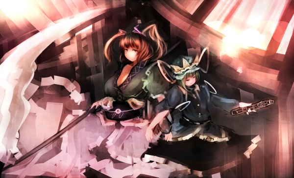 Anime picture 2500x1522 with touhou onozuka komachi shikieiki yamaxanadu mifuru highres short hair wide image twintails multiple girls brown eyes red hair green hair girl 2 girls bonnet rod of remorse