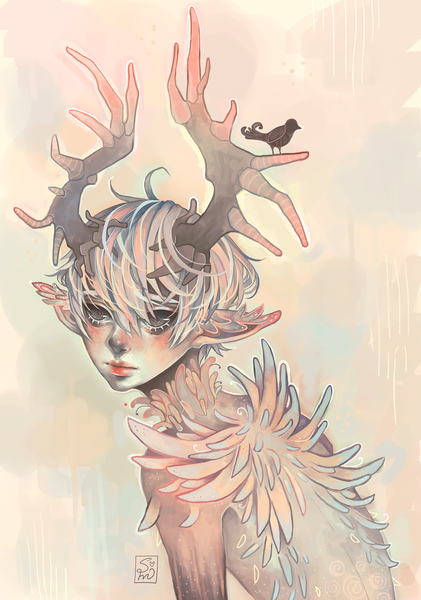 Anime picture 1280x1823 with original sea of diamonds tall image looking at viewer fringe simple background hair between eyes horn (horns) lips pointy ears grey eyes antlers animal bird (birds)