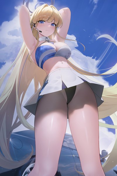 Anime picture 4000x6000 with blue archive toki (blue archive) rkin single tall image blush fringe highres blue eyes light erotic blonde hair standing absurdres sky cloud (clouds) outdoors blunt bangs very long hair from below midriff