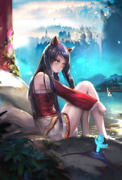 Anime picture 1500x2217 with league of legends ahri (league of legends) rabbit (tukenitian) single long hair tall image looking at viewer blush sitting animal ears yellow eyes purple hair tail animal tail fox ears fox tail fox girl multiple tails girl detached sleeves