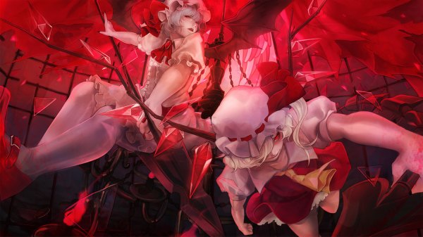 Anime picture 1200x674 with touhou flandre scarlet remilia scarlet pochiharu short hair blonde hair red eyes wide image multiple girls white hair battle girl dress weapon 2 girls wings bonnet crystal laevatein (touhou)