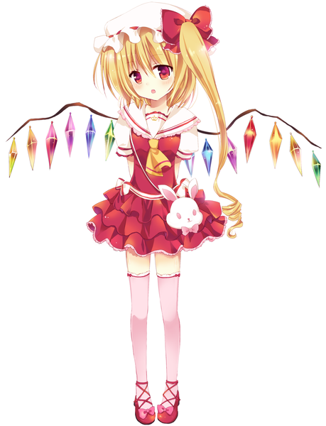 Anime picture 1069x1398 with touhou flandre scarlet mayo (miyusa) single tall image blush short hair open mouth simple background blonde hair red eyes white background girl thighhighs dress white thighhighs wings bonnet crystal