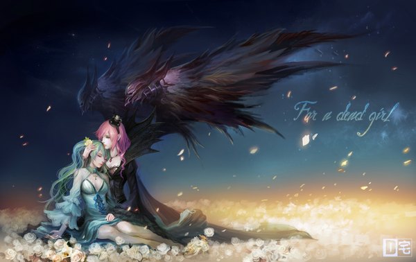 Anime picture 1300x820 with vocaloid hatsune miku megurine luka d-zhai long hair fringe breasts twintails multiple girls cleavage eyes closed pink eyes lips aqua hair alternate costume girl dress flower (flowers) 2 girls hat