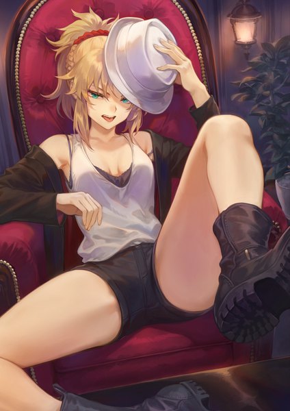 Anime picture 1302x1842 with fate (series) fate/grand order fate/apocrypha mordred (fate) mashuu (neko no oyashiro) single tall image looking at viewer fringe short hair breasts open mouth blonde hair hair between eyes sitting bare shoulders holding payot ponytail indoors