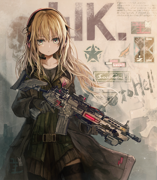 Anime picture 1310x1500 with original scyze single long hair tall image looking at viewer fringe blonde hair hair between eyes standing holding green eyes pleated skirt wind wavy hair frown graffiti trigger discipline girl thighhighs