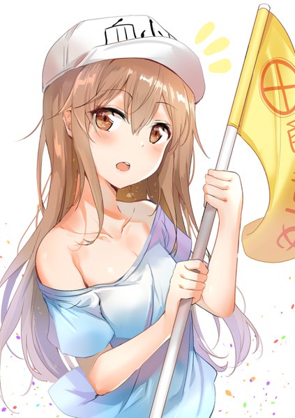 Anime picture 1980x2805 with hataraku saibou david production platelet (hataraku saibou) nyung single long hair tall image looking at viewer blush highres breasts open mouth simple background brown hair white background bare shoulders holding brown eyes upper body head tilt