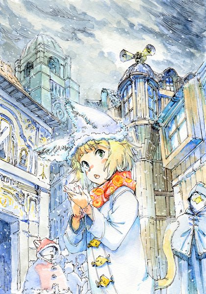 Anime picture 700x1000 with original hirokazu tall image blush short hair open mouth blonde hair green eyes animal ears sky tail animal tail cat ears cat tail city snowing looking up winter exhalation cold