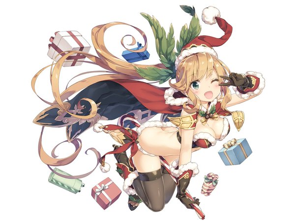 Anime picture 1436x1080 with granblue fantasy clarisse (granblue fantasy) peko single long hair looking at viewer breasts open mouth light erotic blonde hair simple background smile large breasts white background green eyes cleavage ponytail one eye closed fur trim victory