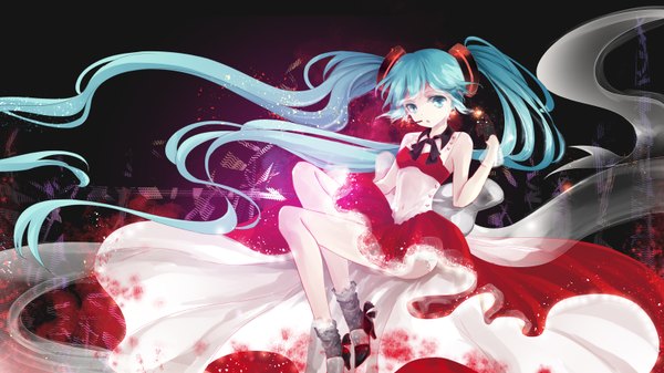 Anime-Bild 3200x1800 mit vocaloid hatsune miku yotsuba0052 single looking at viewer fringe highres open mouth wide image twintails bare shoulders blue hair bent knee (knees) very long hair high heels text english glow transparent girl