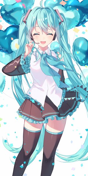 Anime picture 2000x4000 with vocaloid hatsune miku kurobikari single tall image looking at viewer blush fringe highres simple background smile hair between eyes standing white background twintails bare shoulders ahoge eyes closed long sleeves very long hair