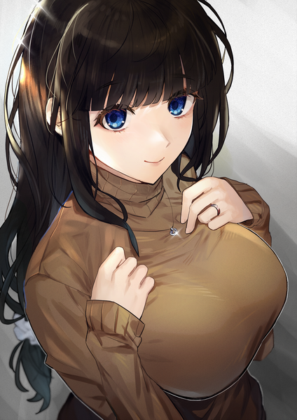 Anime picture 2480x3508 with original zetto (zet) single long hair tall image looking at viewer fringe highres breasts blue eyes black hair simple background large breasts upper body blunt bangs long sleeves light smile sparkle hand on chest sleeves past wrists