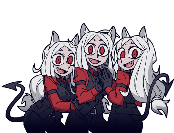 Anime picture 972x748 with helltaker cerberus (helltaker) vanripper long hair looking at viewer open mouth smile red eyes standing multiple girls animal ears upper body white hair tail :d official art fang (fangs) transparent background demon girl demon tail