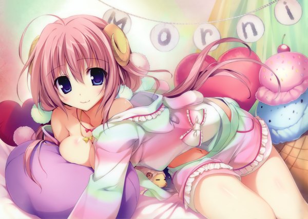 Anime picture 2895x2061 with original karory single long hair looking at viewer fringe highres short hair breasts blue eyes light erotic smile pink hair cleavage ahoge horn (horns) reclining girl food frills