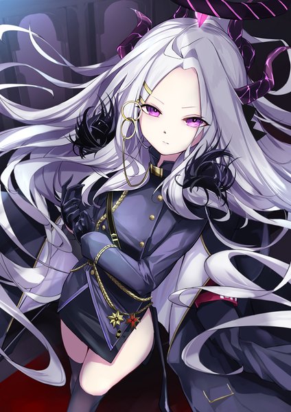 Anime picture 1100x1556 with blue archive hina (blue archive) kie (yospcd) single tall image purple eyes silver hair very long hair horn (horns) side slit clothes on shoulders serious adjusting gloves girl thighhighs gloves black thighhighs black gloves