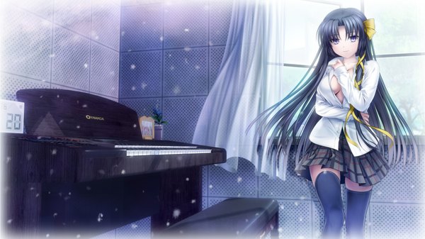 Anime picture 1920x1080 with little busters! key (studio) kurugaya yuiko mutsuki (moonknives) single long hair highres light erotic black hair wide image purple eyes indoors snowing girl thighhighs skirt uniform ribbon (ribbons) black thighhighs hair ribbon