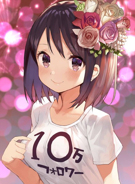 Anime picture 1000x1365 with original gaou (umaiyo puyoman) single tall image looking at viewer blush fringe short hair smile hair between eyes brown hair brown eyes upper body hair flower short sleeves depth of field clothes writing fireworks milestone celebration girl