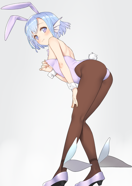 Anime picture 1000x1414 with original takunomi single tall image looking at viewer blush fringe short hair blue eyes light erotic simple background standing bare shoulders animal ears blue hair full body tail animal tail grey background high heels