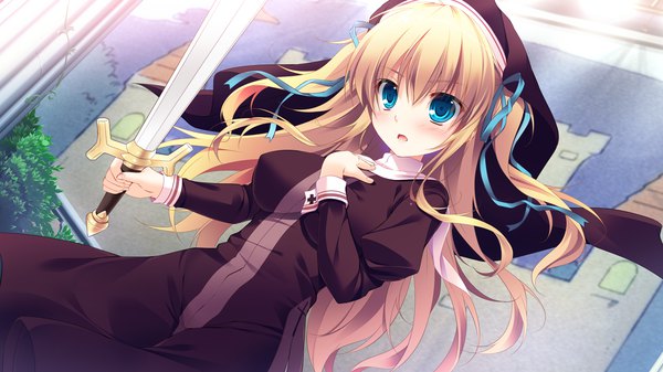 Anime picture 1280x720 with hime-sama love life! ruria von dina mikeou single long hair looking at viewer blush open mouth blue eyes blonde hair wide image game cg two side up nun girl ribbon (ribbons) weapon hair ribbon sword
