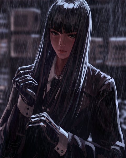 Anime picture 3277x4096 with original guweiz single long hair tall image looking at viewer fringe highres black hair standing absurdres upper body outdoors blunt bangs long sleeves lips black eyes blurry realistic depth of field