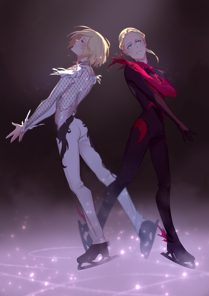 Anime picture 900x1273 with yuri!!! on ice mappa yuri plisetsky reiberrycream tall image short hair blue eyes blonde hair simple background full body ponytail braid (braids) eyes closed parted lips profile multiple boys sparkle floating hair outstretched arm dark background