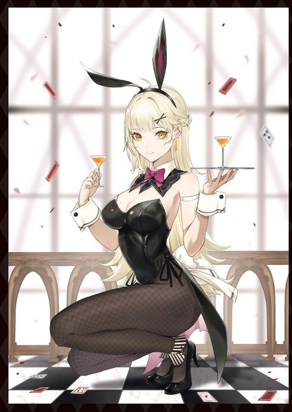 Anime picture 1359x1920 with original marumoru single long hair tall image looking at viewer fringe breasts light erotic blonde hair large breasts holding animal ears yellow eyes full body ahoge indoors tail blunt bangs animal tail