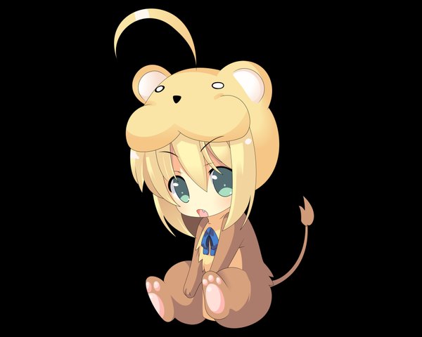 Anime picture 2000x1600 with fate (series) fate/stay night studio deen type-moon artoria pendragon (all) saber saber lion looking at viewer highres green eyes ahoge teeth fang (fangs) black background chibi animal costume