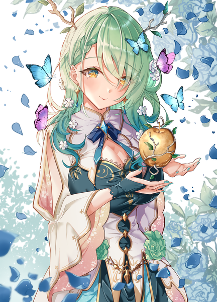 Anime picture 1000x1389 with virtual youtuber hololive hololive english ceres fauna ceres fauna (1st costume) minausa single long hair tall image fringe breasts smile large breasts yellow eyes cleavage upper body nail polish horn (horns) green hair hair over one eye