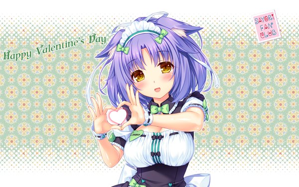 Anime picture 1920x1200 with neko paradise neko works (studio) cinnamon (sayori) sayori single looking at viewer highres short hair breasts brown eyes purple hair maid valentine heart hands animal eyes girl uniform bow hair bow headdress