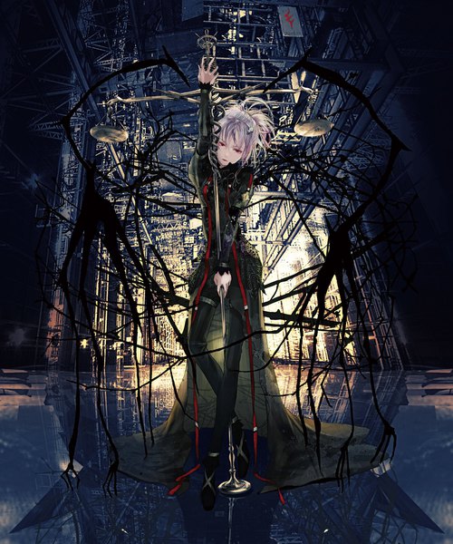 Anime picture 1500x1800 with guilty crown production i.g yuzuriha inori redjuice egoist single tall image looking at viewer fringe short hair hair between eyes red eyes standing pink hair full body head tilt arm up crossed legs (standing) girl dress