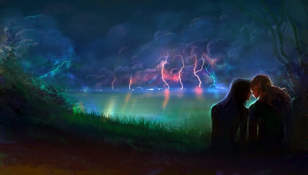 Anime picture 1600x908 with windside: necromance kamoril myar anndr (artist) long hair black hair wide image sitting cloud (clouds) ponytail profile orange hair night multiple boys night sky couple face to face lightning boy plant (plants)