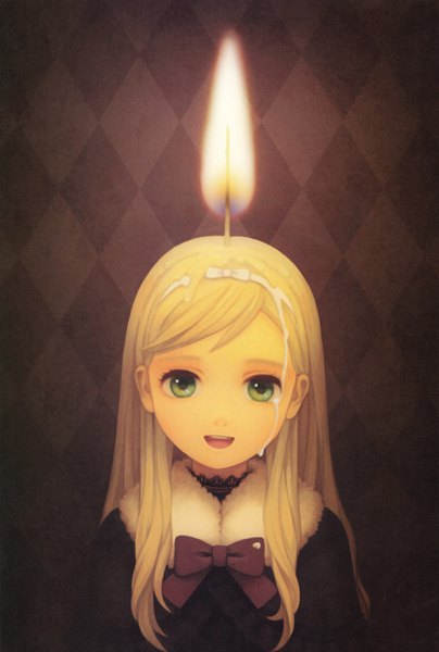 Anime picture 1684x2500 with original kirobaito single long hair tall image blonde hair smile green eyes scan tears rhombus personification surreal girl bow hairband fire child (children) flame wax