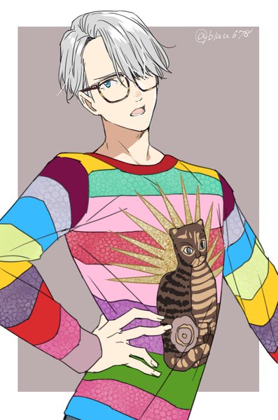 Anime picture 795x1200 with yuri!!! on ice mappa viktor nikiforov natsuko (bluecandy) single tall image fringe short hair open mouth blue eyes simple background silver hair upper body fingernails hair over one eye grey background hand on hip striped animal print bespectacled