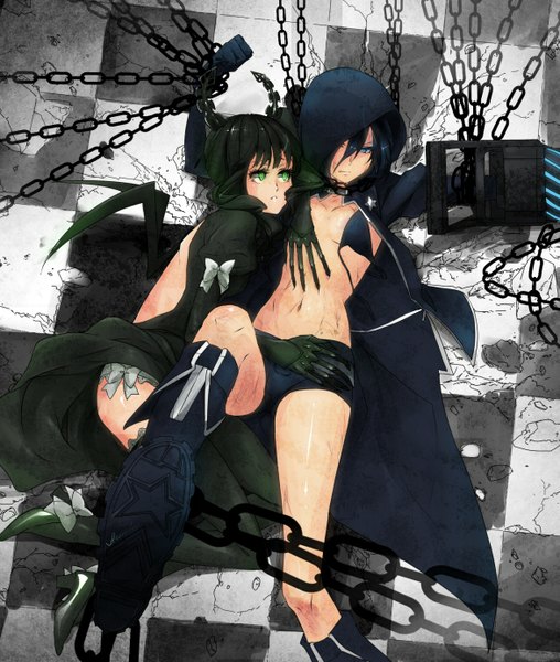 Anime picture 1171x1382 with black rock shooter black rock shooter (character) dead master revolmxd long hair tall image blue eyes black hair multiple girls green eyes horn (horns) green hair checkered floor girl navel bow 2 girls shorts boots chain