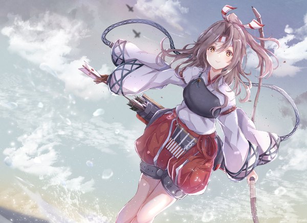 Anime picture 2048x1492 with kantai collection zuihou light aircraft carrier sa-ya2 single long hair looking at viewer fringe highres smile hair between eyes brown hair brown eyes sky cloud (clouds) outdoors traditional clothes japanese clothes half updo girl weapon