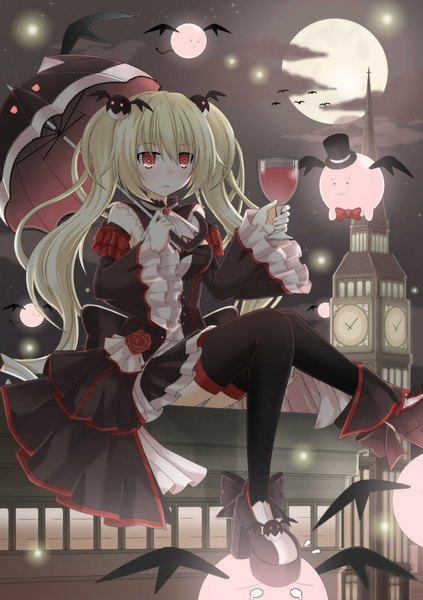 Anime-Bild 750x1064 mit original tsukaze single long hair tall image looking at viewer blonde hair red eyes sitting twintails girl thighhighs dress hair ornament black thighhighs moon umbrella wine glass