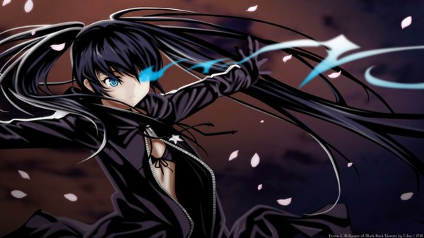 Anime picture 1366x768 with black rock shooter black rock shooter (character) cilou (artist) single blue eyes light erotic black hair wide image twintails very long hair glowing spread arms glowing eye (eyes) girl gloves petals black gloves jacket star (symbol) cloak