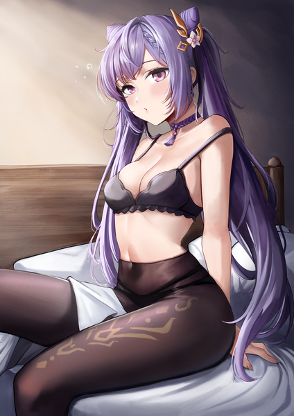 Anime picture 2894x4093 with genshin impact keqing (genshin impact) dvdraw single long hair tall image looking at viewer blush highres breasts light erotic large breasts sitting twintails payot purple hair indoors braid (braids) head tilt pink eyes