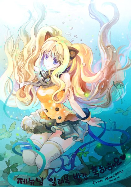 Anime picture 1000x1420 with vocaloid seeu saya (mychristian2) single long hair tall image looking at viewer blue eyes blonde hair twintails bare shoulders signed light smile underwater girl thighhighs ribbon (ribbons) white thighhighs wrist cuffs bubble (bubbles)