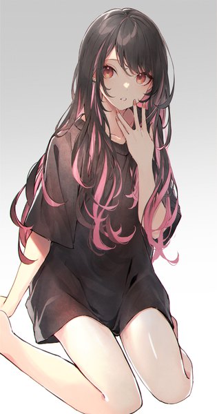 Anime picture 1576x3000 with original kuwashima rein single long hair tall image looking at viewer fringe black hair simple background sitting brown eyes nail polish parted lips multicolored hair fingernails arm support two-tone hair short sleeves streaked hair gradient background