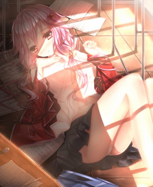 Anime picture 1010x1228 with guilty crown production i.g yuzuriha inori swordsouls long hair tall image looking at viewer blush light erotic red eyes pink hair lying pantyshot girl skirt navel uniform hair ornament school uniform miniskirt