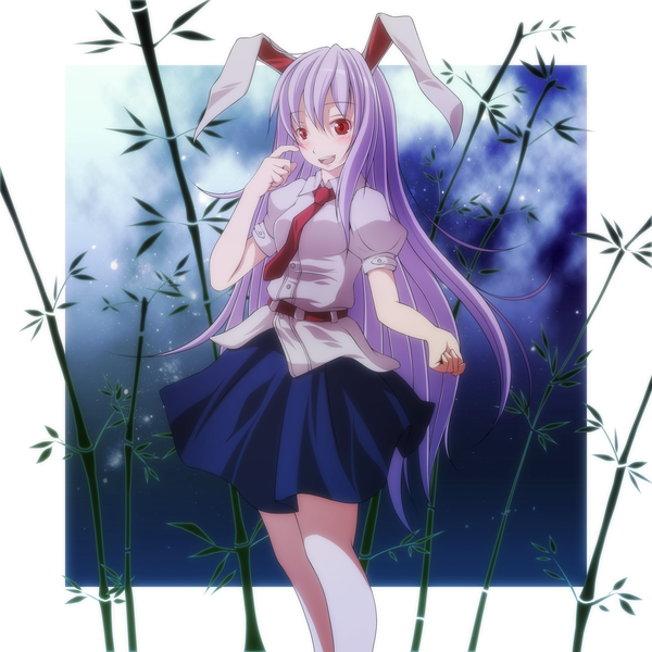 Anime picture 1500x1500 with touhou reisen udongein inaba s-syogo single long hair blush open mouth smile red eyes purple hair bunny ears bunny girl girl skirt plant (plants) miniskirt shirt necktie bamboo