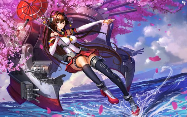 Anime-Bild 1280x800 mit kantai collection yamato super battleship liang xing single long hair looking at viewer red eyes brown hair ponytail realistic cherry blossoms girl thighhighs skirt weapon black thighhighs plant (plants) miniskirt petals tree (trees)