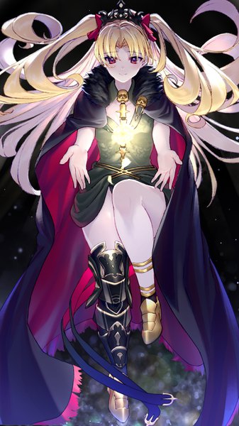 Anime picture 1500x2668 with fate (series) fate/grand order ereshkigal (fate) takubon single long hair tall image looking at viewer blush fringe light erotic blonde hair simple background red eyes full body bent knee (knees) light smile two side up fur trim floating hair