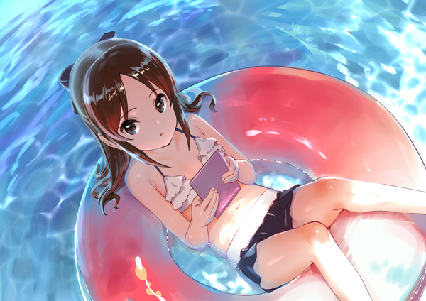 Anime picture 1000x708 with idolmaster idolmaster cinderella girls tachibana arisu pettan p single long hair looking at viewer fringe open mouth light erotic bare shoulders holding from above black eyes loli afloat girl navel ribbon (ribbons) swimsuit