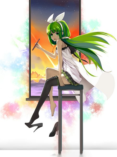 Anime picture 890x1190 with original eskimofox single long hair tall image looking at viewer open mouth sitting holding green eyes pleated skirt green hair happy girl thighhighs skirt hair ornament miniskirt shoes window