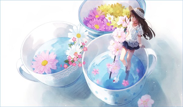 Anime picture 1523x895 with original hakusai (tiahszld) single long hair fringe brown hair wide image standing green eyes looking away profile pleated skirt barefoot from above short sleeves cherry blossoms soaking feet minigirl girl skirt