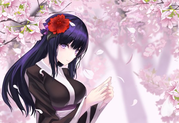 Anime-Bild 3964x2736 mit original cup6542 single long hair looking at viewer blush fringe highres breasts hair between eyes purple eyes payot absurdres purple hair upper body outdoors blunt bangs traditional clothes japanese clothes hair flower